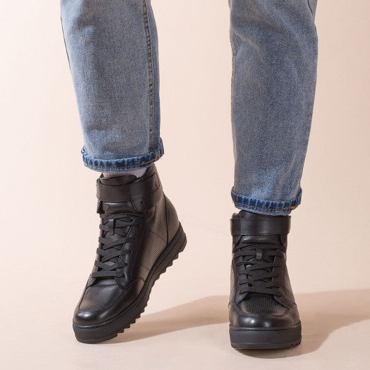 9-LIONS height increasing sneakers - men's leather high top sneakers - black - 7 CM / 2.76 inches taller