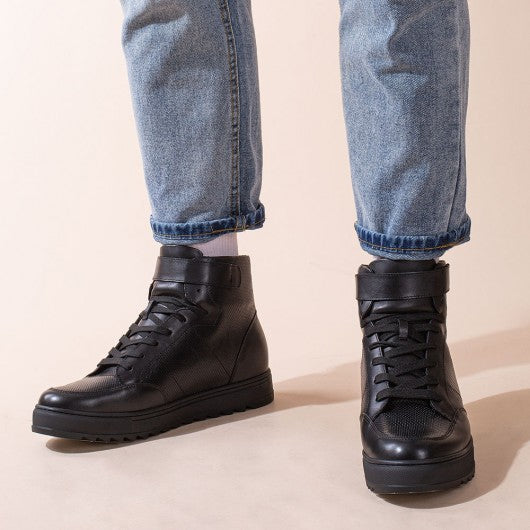 9-LIONS height increasing sneakers - men's leather high top sneakers - black - 7 CM / 2.76 inches taller