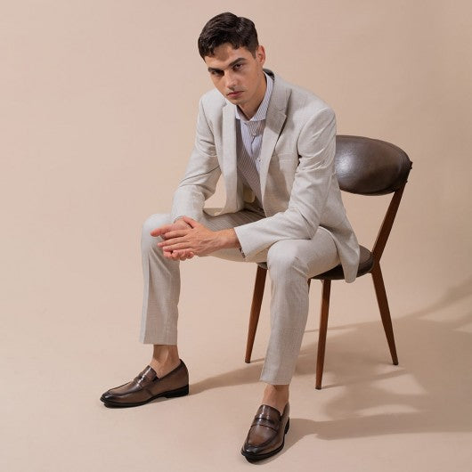 9-LIONS Height Increasing Shoes Formal Tall Men Shoes Khaki Slip on Penny Loafers 7 CM / 2.76 Inches Taller