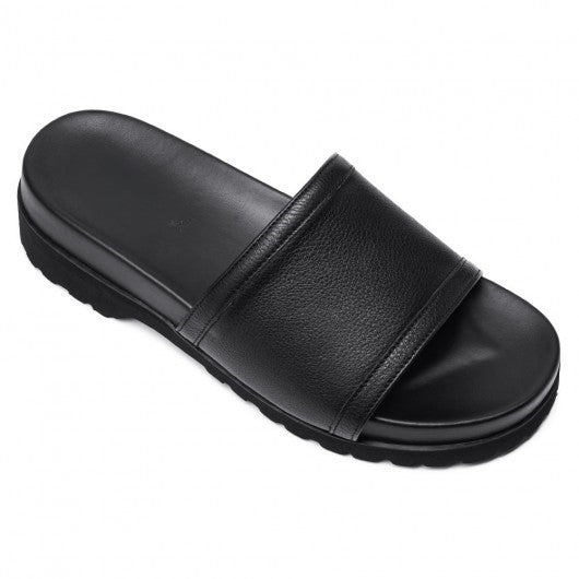 9-LIONS Men Height Increasing Slippers Black Leather High Heel Slide Sandal Fashion Casual elevator slippers Sandals 6CM / 2.36 Inches