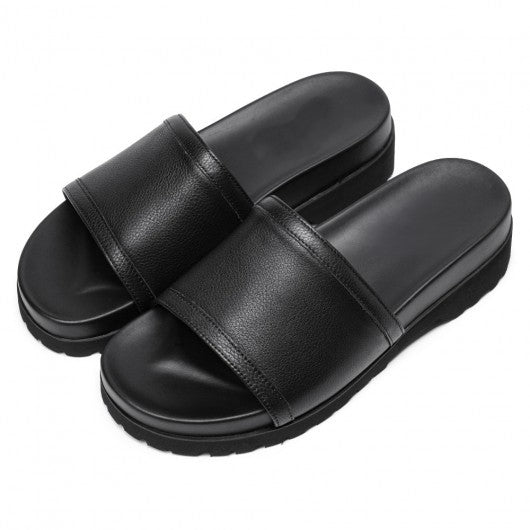 9-LIONS Men Height Increasing Slippers Black Leather High Heel Slide Sandal Fashion Casual elevator slippers Sandals 6CM / 2.36 Inches