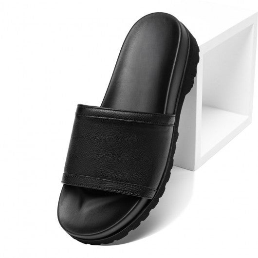 9-LIONS Men Height Increasing Slippers Black Leather High Heel Slide Sandal Fashion Casual elevator slippers Sandals 6CM / 2.36 Inches