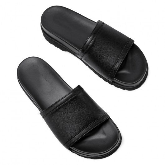 9-LIONS Men Height Increasing Slippers Black Leather High Heel Slide Sandal Fashion Casual elevator slippers Sandals 6CM / 2.36 Inches