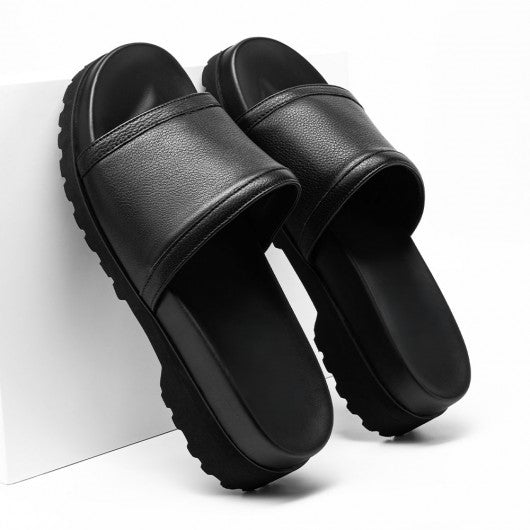 9-LIONS Men Height Increasing Slippers Black Leather High Heel Slide Sandal Fashion Casual elevator slippers Sandals 6CM / 2.36 Inches