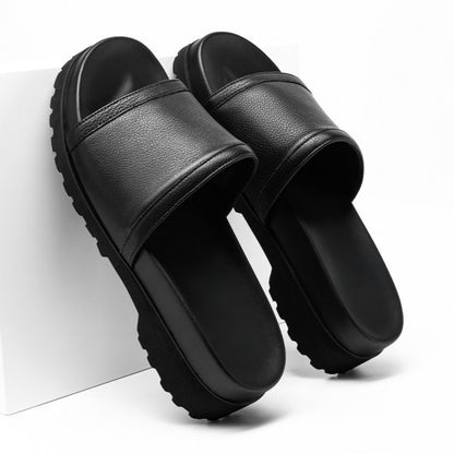 9-LIONS Men Height Increasing Slippers Black Leather High Heel Slide Sandal Fashion Casual elevator slippers Sandals 6CM / 2.36 Inches
