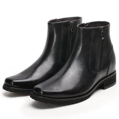 9-LIONS Elevator Boots For Men Black Leather With Side Zipper Boots Get Taller 8CM / 3.15 Inches