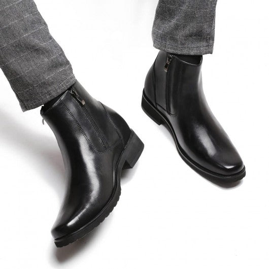 9-LIONS Elevator Boots For Men Black Leather With Side Zipper Boots Get Taller 8CM / 3.15 Inches