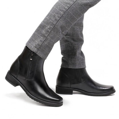 9-LIONS Elevator Boots For Men Black Leather With Side Zipper Boots Get Taller 8CM / 3.15 Inches