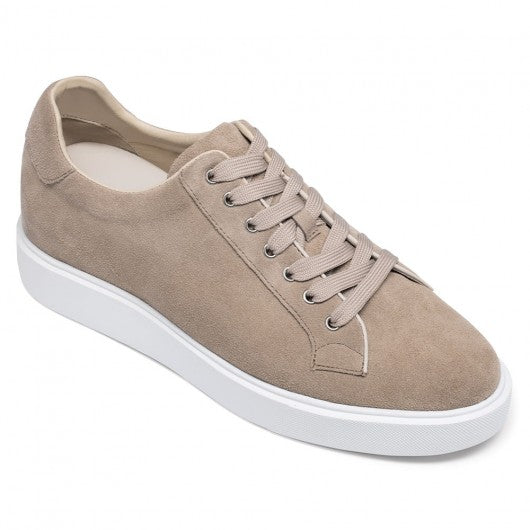 9-LIONS Elevator Shoes Suede Leather Apricot Sneakers that Add Height 6 CM / 2.36 Inches