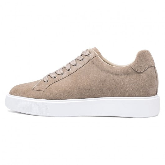 9-LIONS Elevator Shoes Suede Leather Apricot Sneakers that Add Height 6 CM / 2.36 Inches