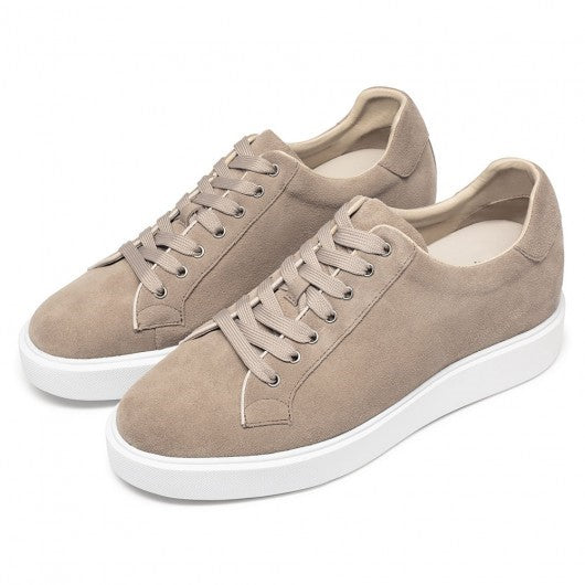 9-LIONS Elevator Shoes Suede Leather Apricot Sneakers that Add Height 6 CM / 2.36 Inches