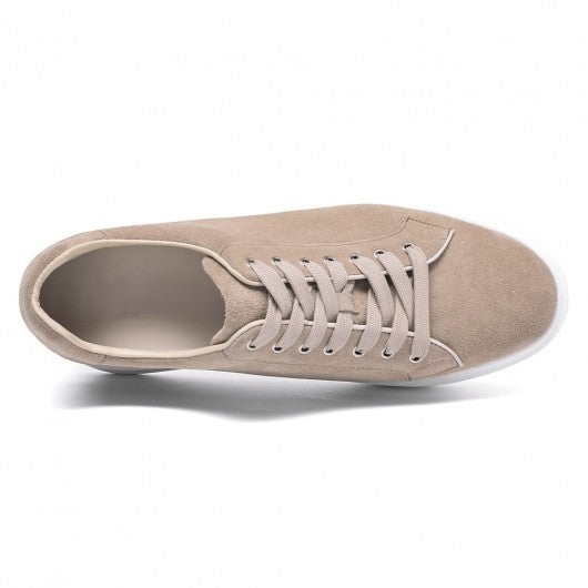 9-LIONS Elevator Shoes Suede Leather Apricot Sneakers that Add Height 6 CM / 2.36 Inches
