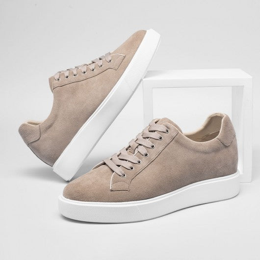 9-LIONS Elevator Shoes Suede Leather Apricot Sneakers that Add Height 6 CM / 2.36 Inches