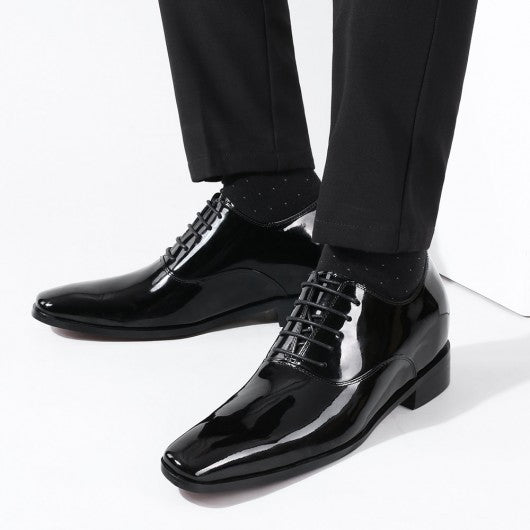 9-LIONS Black Glossy Elevator Tuxedo Shoes Patent Leather High Increase Shoes 2.76 Inches / 7 CM