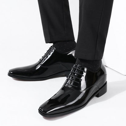 9-LIONS Black Glossy Elevator Tuxedo Shoes Patent Leather High Increase Shoes 2.76 Inches / 7 CM
