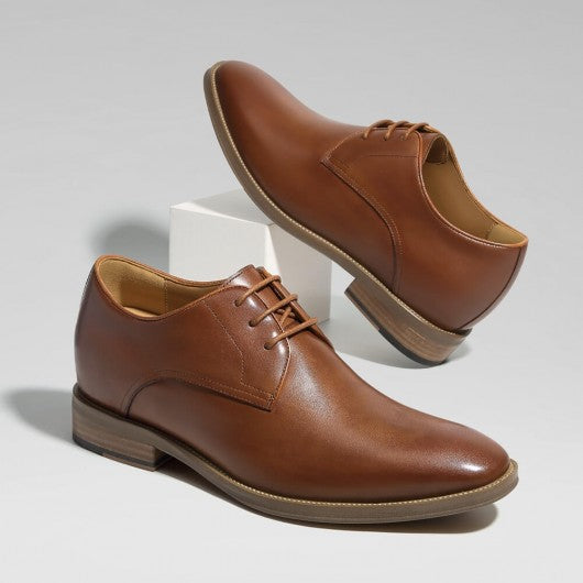 9-LIONS Men's Elevator Dress Shoes - Brown Leather Raised Heel Derby Shoes 7CM / 2.76 Inches
