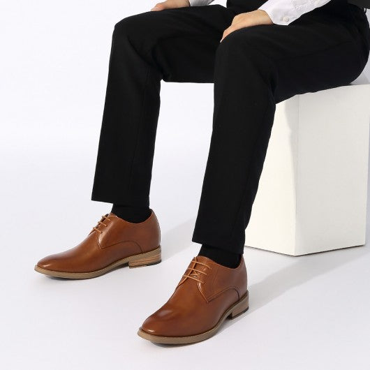 9-LIONS Men's Elevator Dress Shoes - Brown Leather Raised Heel Derby Shoes 7CM / 2.76 Inches
