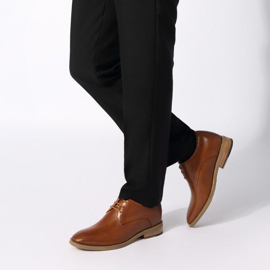 9-LIONS Men's Elevator Dress Shoes - Brown Leather Raised Heel Derby Shoes 7CM / 2.76 Inches