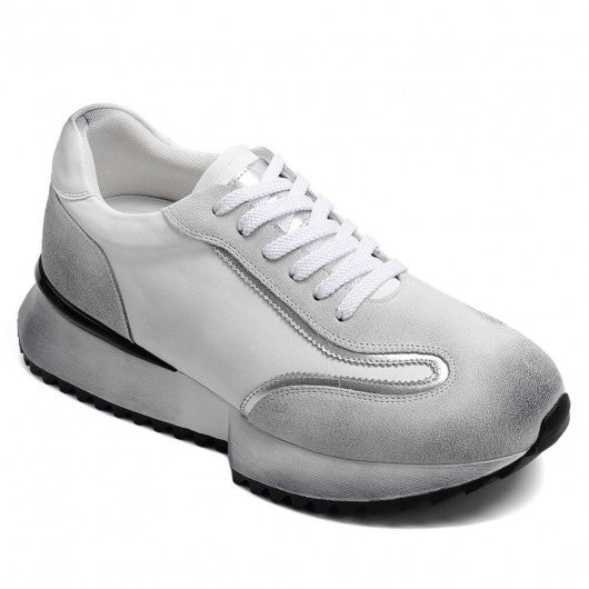 9-LIONS Elevator Shoes For Men - Off-White Leather Distressed sneakers 8CM / 3.15 Inches