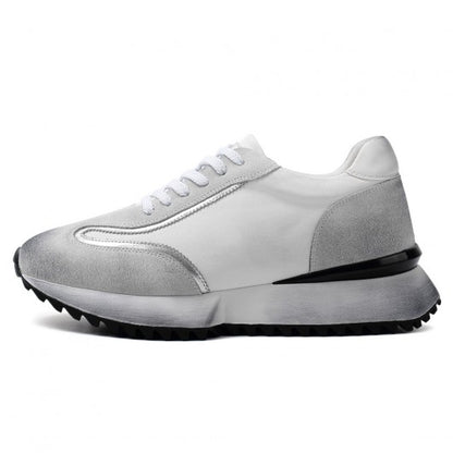 9-LIONS Elevator Shoes For Men - Off-White Leather Distressed sneakers 8CM / 3.15 Inches