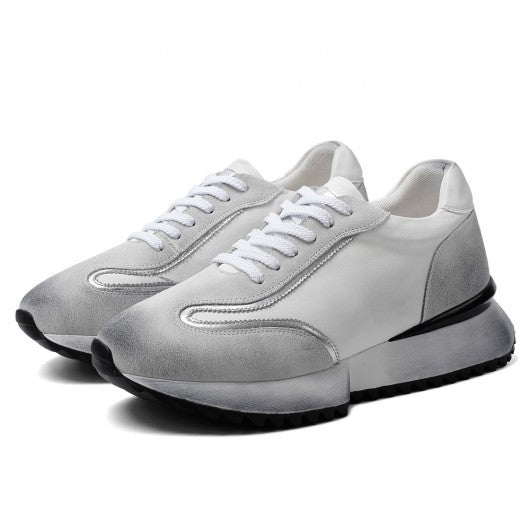 9-LIONS Elevator Shoes For Men - Off-White Leather Distressed sneakers 8CM / 3.15 Inches