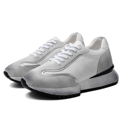 9-LIONS Elevator Shoes For Men - Off-White Leather Distressed sneakers 8CM / 3.15 Inches
