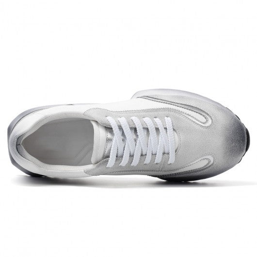 9-LIONS Elevator Shoes For Men - Off-White Leather Distressed sneakers 8CM / 3.15 Inches