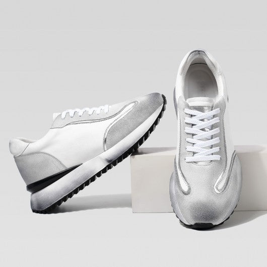 9-LIONS Elevator Shoes For Men - Off-White Leather Distressed sneakers 8CM / 3.15 Inches