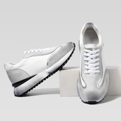 9-LIONS Elevator Shoes For Men - Off-White Leather Distressed sneakers 8CM / 3.15 Inches