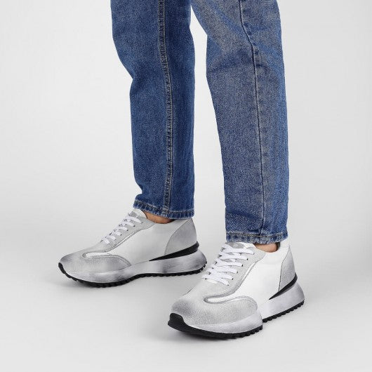 9-LIONS Elevator Shoes For Men - Off-White Leather Distressed sneakers 8CM / 3.15 Inches
