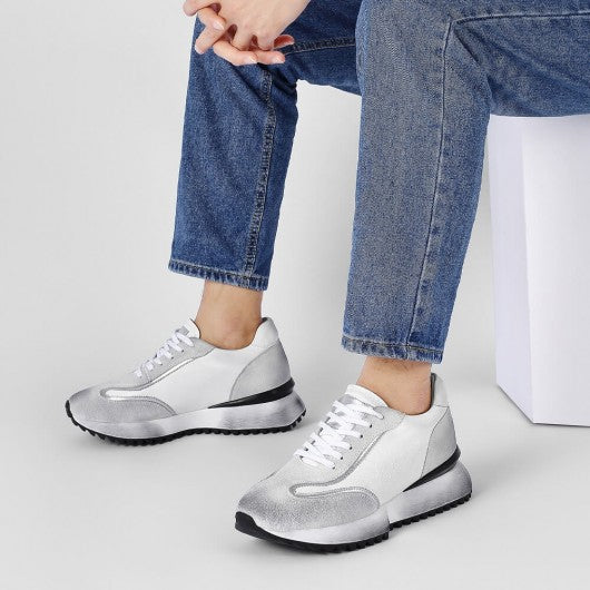 9-LIONS Elevator Shoes For Men - Off-White Leather Distressed sneakers 8CM / 3.15 Inches