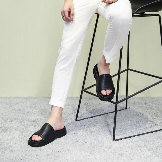 9-LIONS Men Height Increasing Slippers Black Leather High Heel Slide Sandal Fashion Casual elevator slippers Sandals 6CM / 2.36 Inches