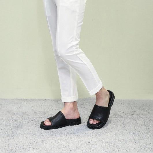 9-LIONS Men Height Increasing Slippers Black Leather High Heel Slide Sandal Fashion Casual elevator slippers Sandals 6CM / 2.36 Inches