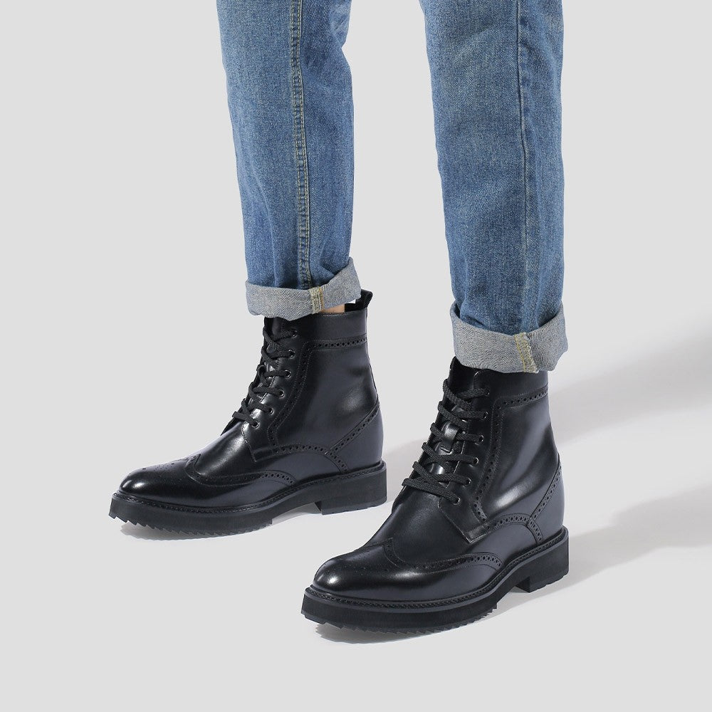 9-LIONS Hidden Elevator Shoes - Mens Boots That Make You Taller - Black Brogue Boots 10 CM / 3.94 Inches