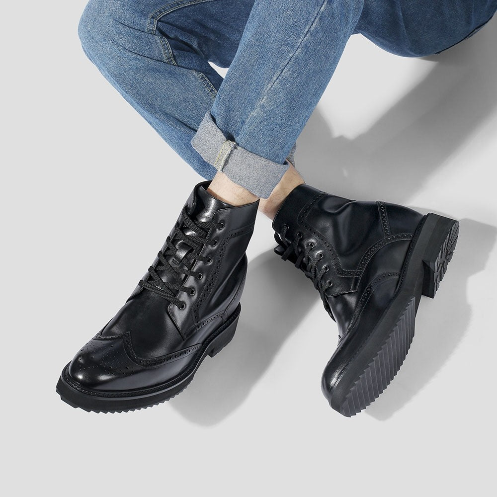 9-LIONS Hidden Elevator Shoes - Mens Boots That Make You Taller - Black Brogue Boots 10 CM / 3.94 Inches