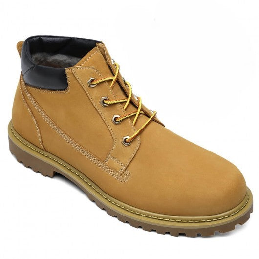 9-LIONS Height Increasing Boots For Men - Fur lining Yellow-Brown Nubuck Hiking Boots 6CM / 2.36 Inches