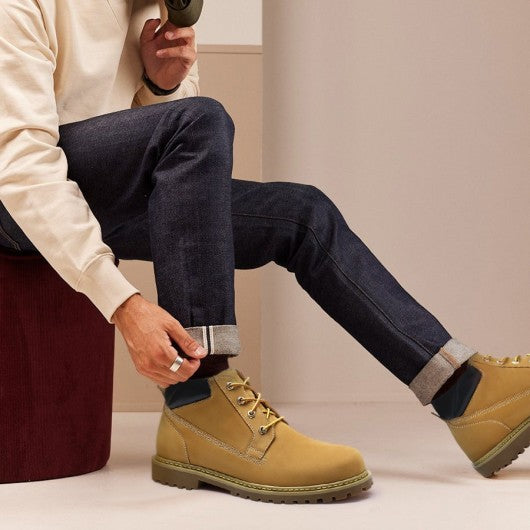 9-LIONS Height Increasing Boots For Men - Fur lining Yellow-Brown Nubuck Hiking Boots 6CM / 2.36 Inches