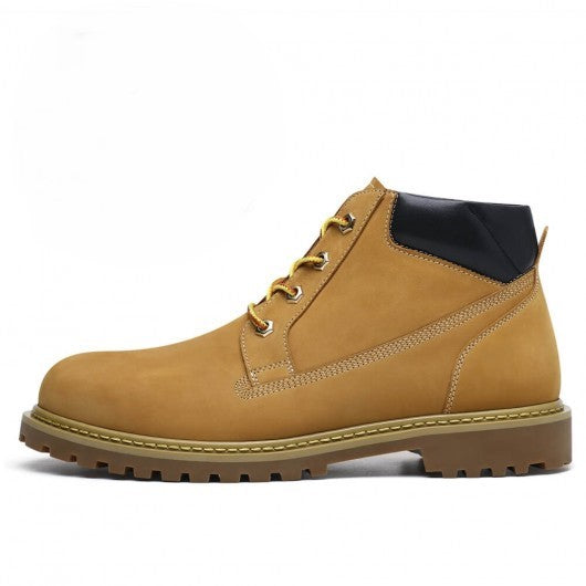 9-LIONS Height Increasing Boots For Men - Fur lining Yellow-Brown Nubuck Hiking Boots 6CM / 2.36 Inches