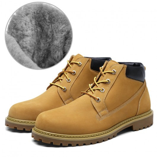 9-LIONS Height Increasing Boots For Men - Fur lining Yellow-Brown Nubuck Hiking Boots 6CM / 2.36 Inches