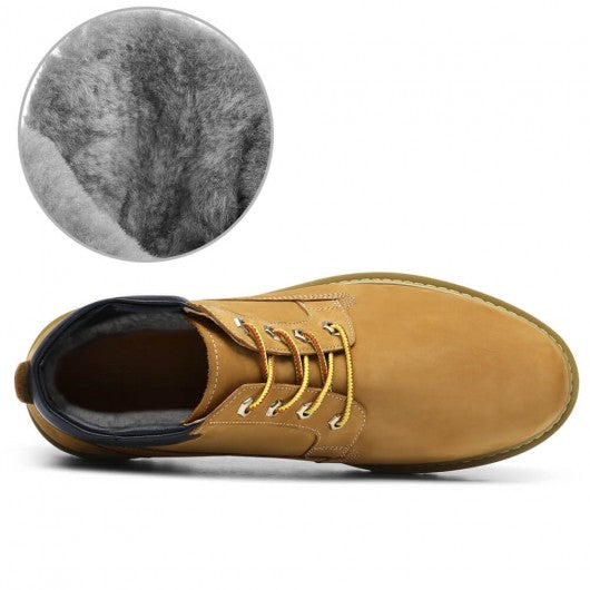 9-LIONS Height Increasing Boots For Men - Fur lining Yellow-Brown Nubuck Hiking Boots 6CM / 2.36 Inches