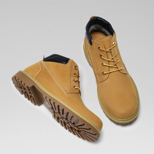 9-LIONS Height Increasing Boots For Men - Fur lining Yellow-Brown Nubuck Hiking Boots 6CM / 2.36 Inches