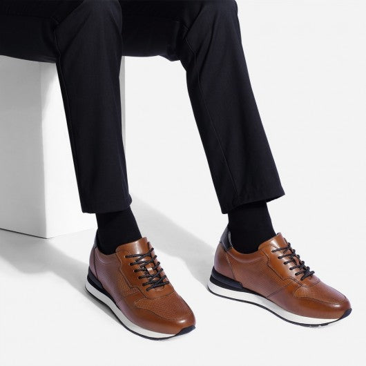 9-LIONS Casual Elevator Shoes For Men - Luxury Brown Cowhide Leather Shoe That Make You Taller 3.15 Inches / 8 CM
