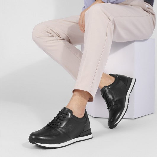 9-LIONS Height Increasing Shoes For Men - Black Leather Men's Casual Sneakers 3.15 inches / 8CM