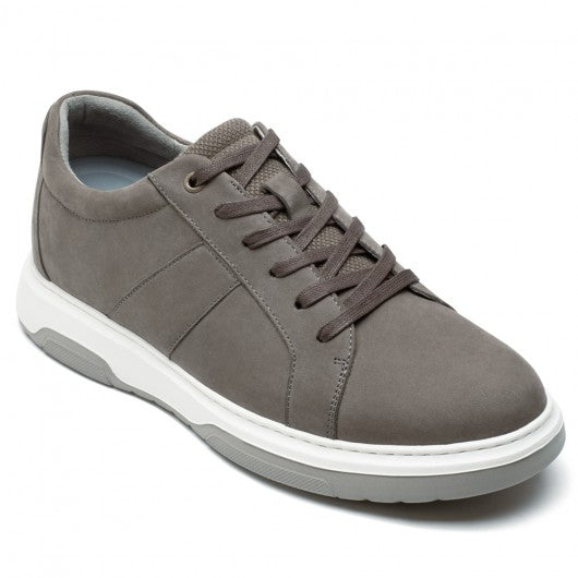 9-LIONS Height Increasing Sneakers - Gray Nubuck Leather Men's Height Increasing Casual Shoes 7CM / 2.76 Inches