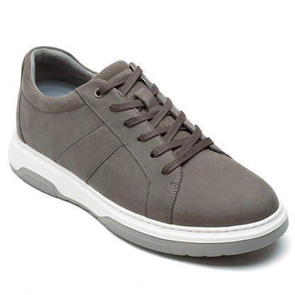9-LIONS Height Increasing Sneakers - Gray Nubuck Leather Men's Height Increasing Casual Shoes 7CM / 2.76 Inches