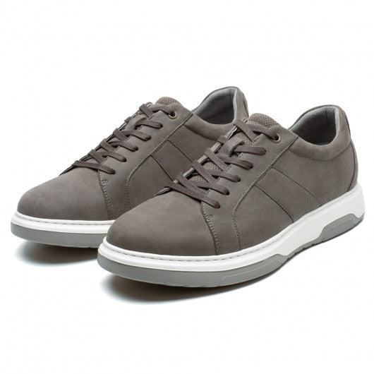 9-LIONS Height Increasing Sneakers - Gray Nubuck Leather Men's Height Increasing Casual Shoes 7CM / 2.76 Inches