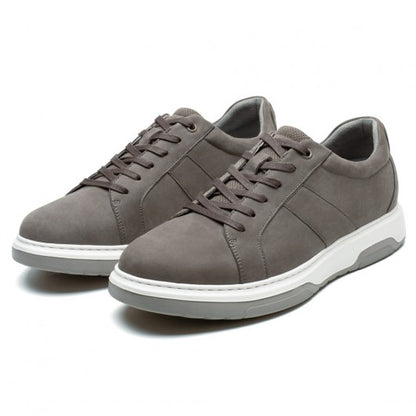 9-LIONS Height Increasing Sneakers - Gray Nubuck Leather Men's Height Increasing Casual Shoes 7CM / 2.76 Inches