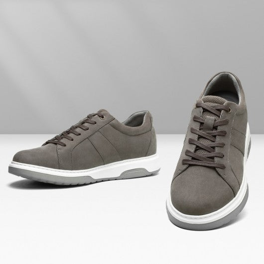 9-LIONS Height Increasing Sneakers - Gray Nubuck Leather Men's Height Increasing Casual Shoes 7CM / 2.76 Inches