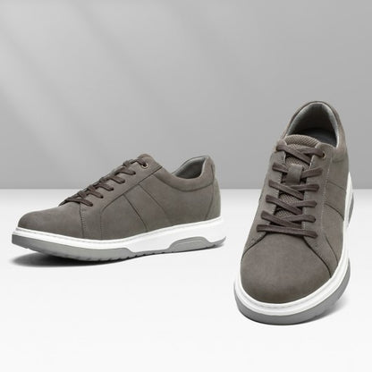 9-LIONS Height Increasing Sneakers - Gray Nubuck Leather Men's Height Increasing Casual Shoes 7CM / 2.76 Inches