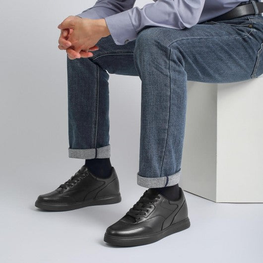 9-LIONS Casual Elevator Shoes For Men - Black Leather Raised Heel Shoes 6CM | 2.36 Inches